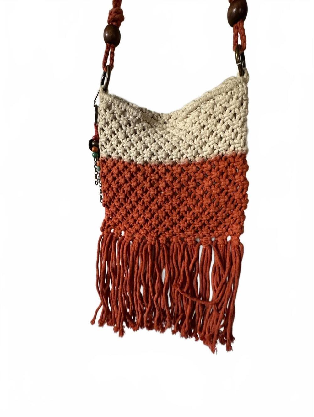 The Sak Macrame Crossbody Bag with Fringe in Beige and Coral - Picture 5 of 6